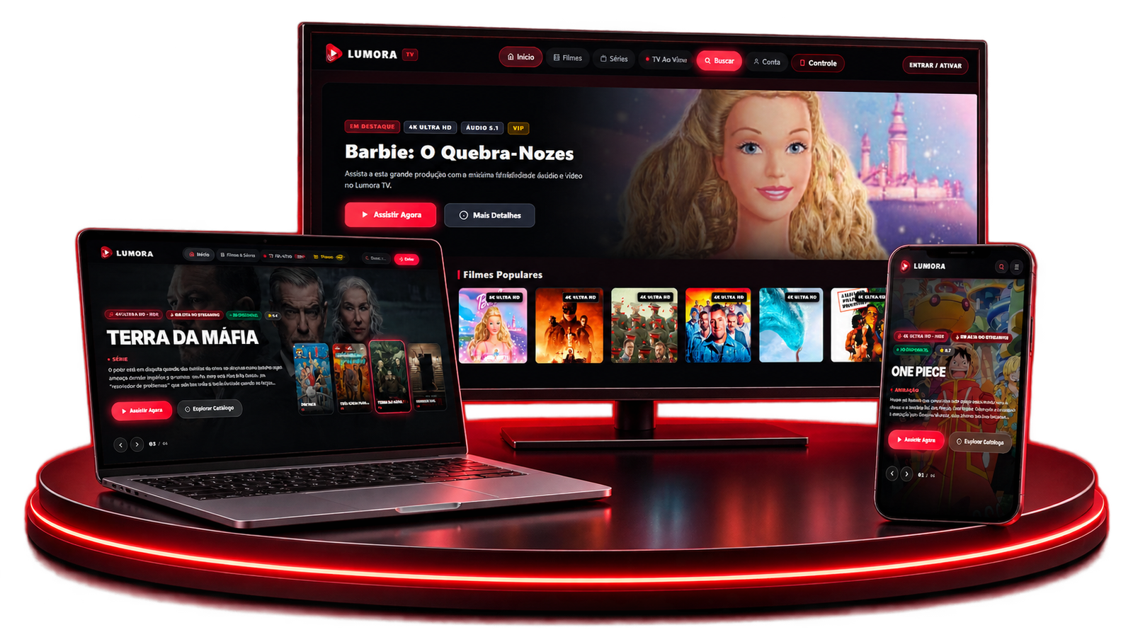 Lumora em TV, computador e celular mostrando as interfaces reais